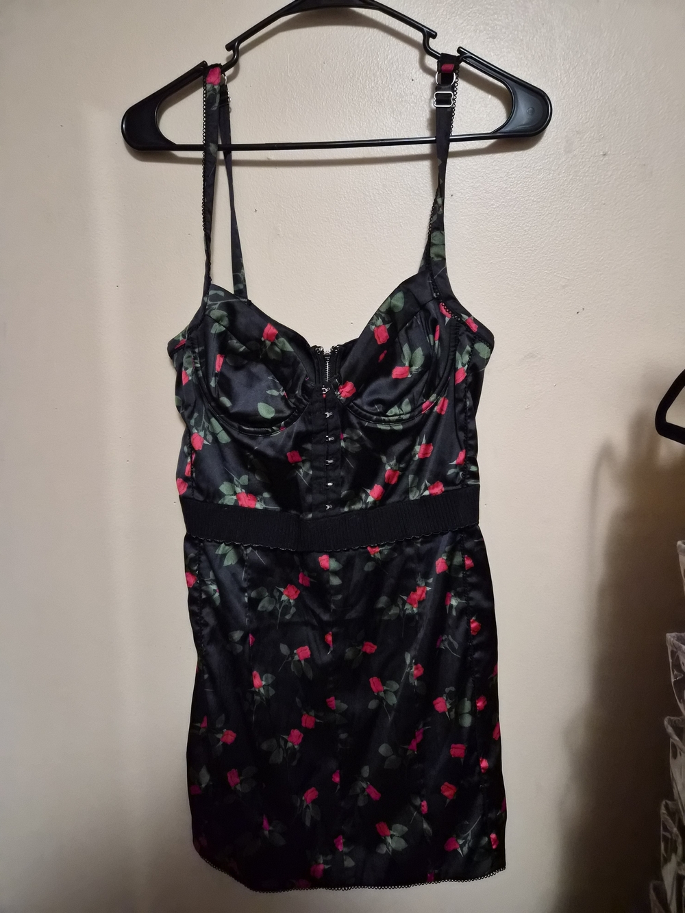 For Love And Lemons Black Satin Chemise with Red Rose Print